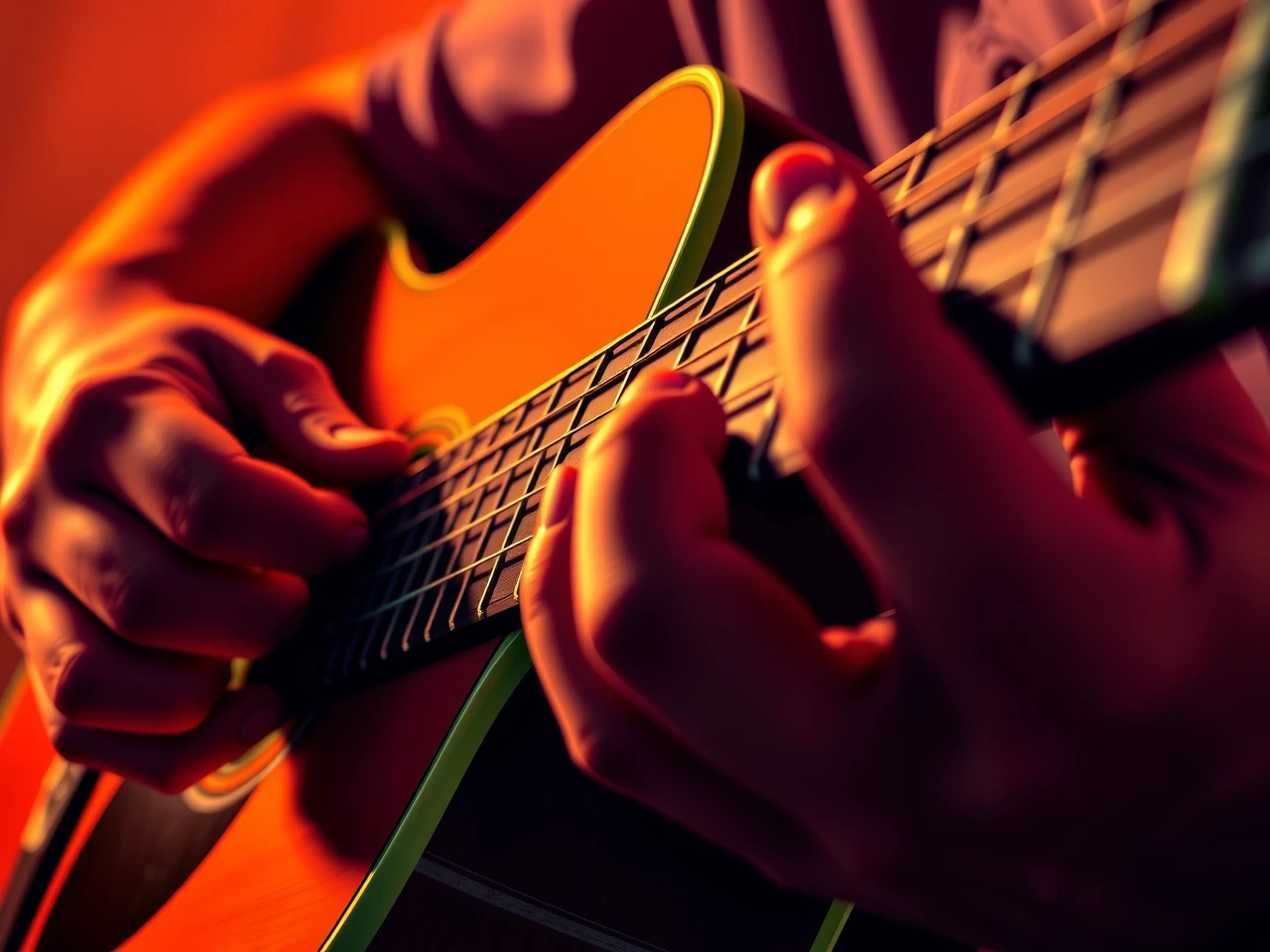 Close-up of hands playing guitar chords
