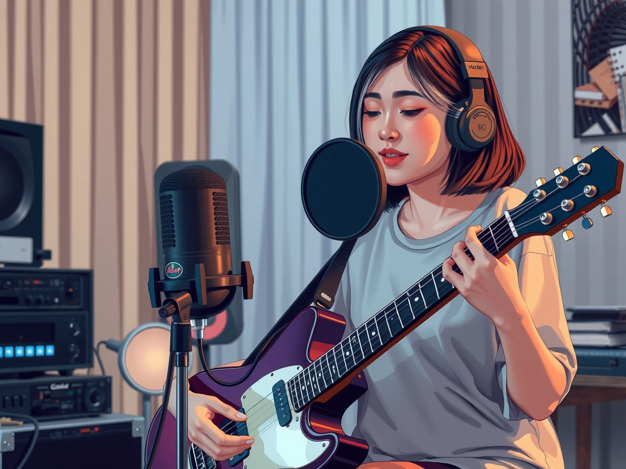 Aisha Tan recording guitar in her home studio