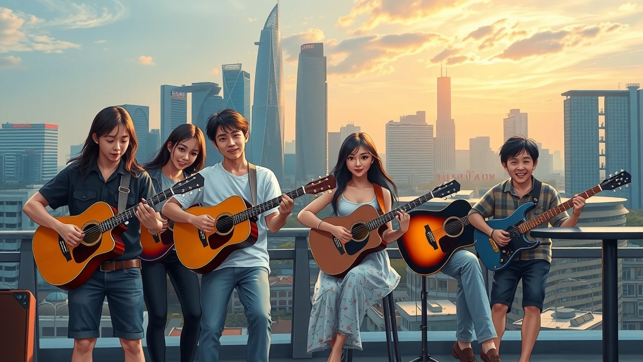 Diverse group of young guitarists practicing in Singapore