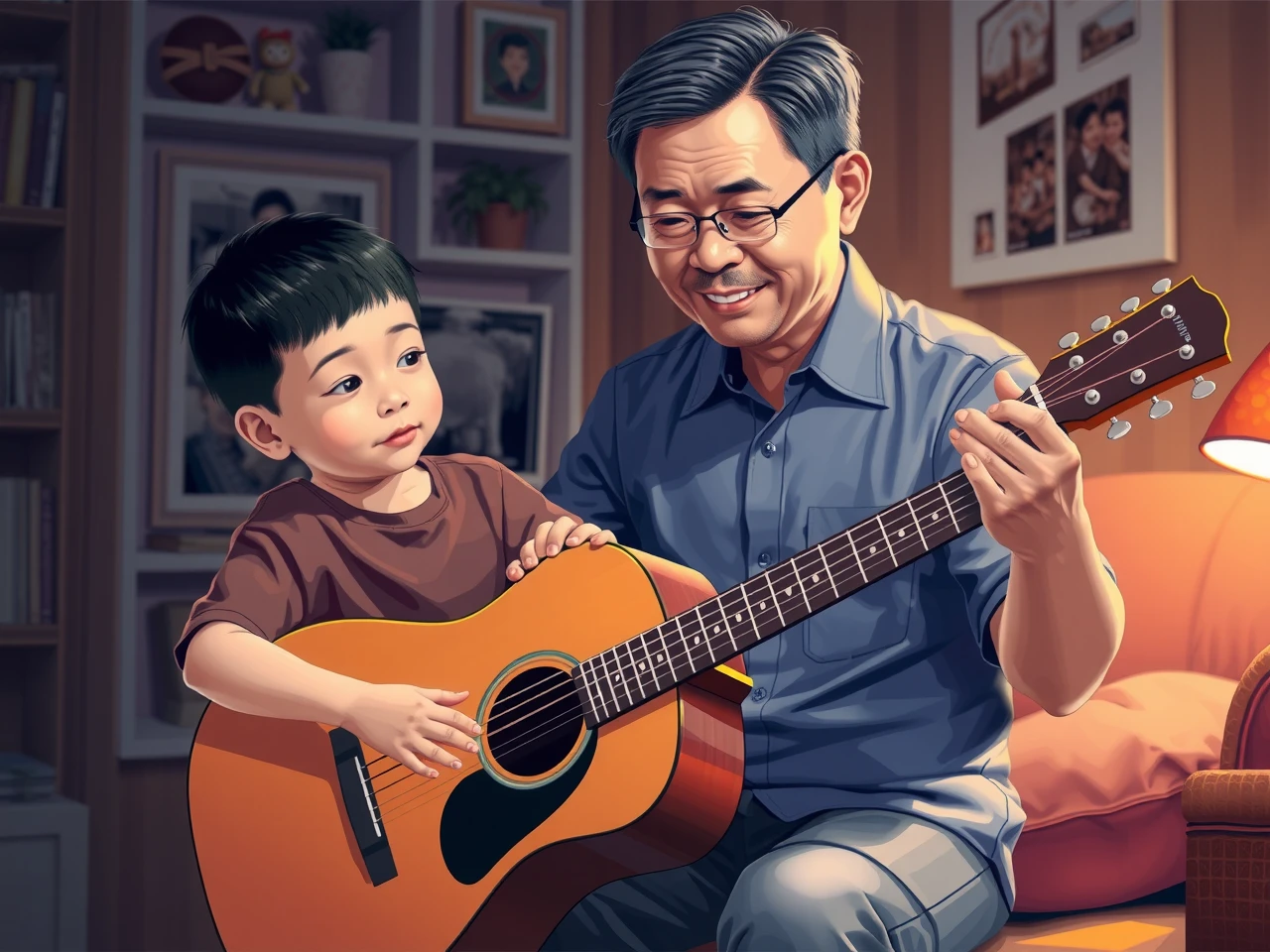 Michael Teo teaching his daughter to play guitar